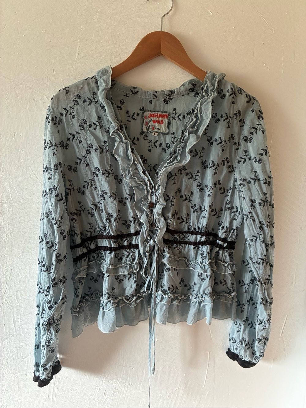 Johnny Was Light Blue Floral Ruffle Tie-Front Blouse Large Rare
